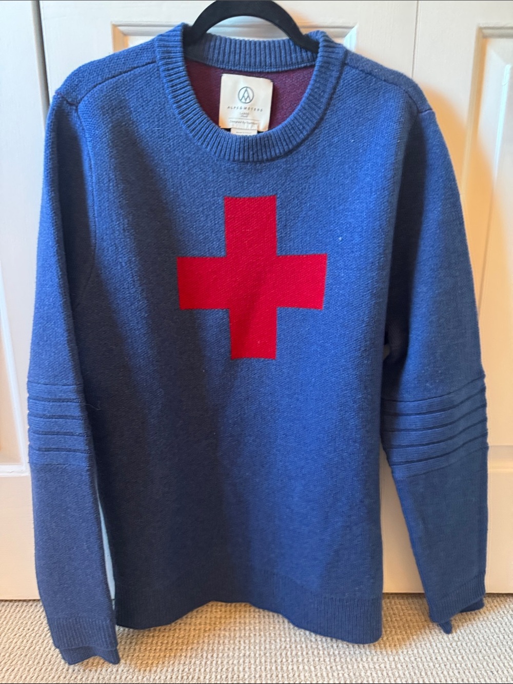 Alpine Design Blue Crewneck Sweater with Red Cross Accent